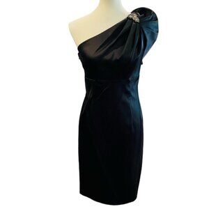 David Meister Puff One Shoulder‎ Satin Cocktail Dress Black 10